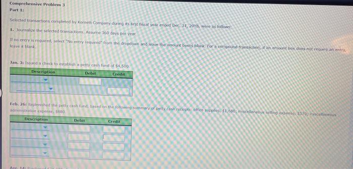 Comprehensive Problem 3 Part 1: Selected transactions completed by Kornett Company during