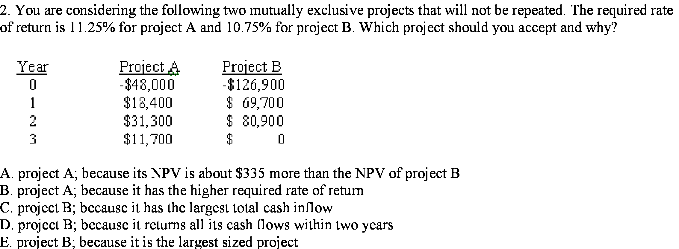 2. You are considering the following two mutually exclusive projects that