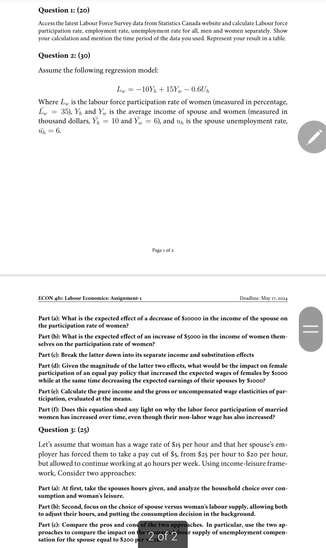 Question 1: (20) Access the latest Labour Force Survey data from