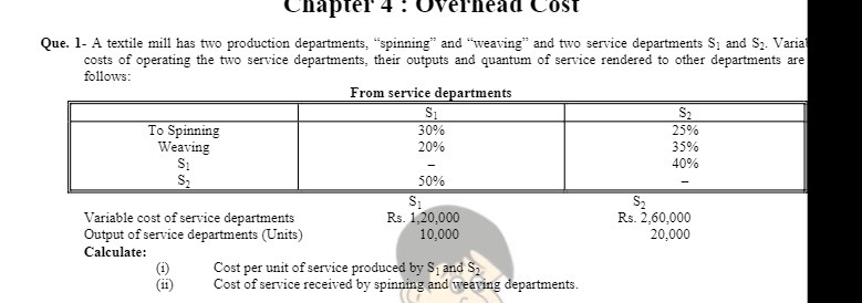  Chapter 4 : Overhead Cost Que. 1- A textile mill has
