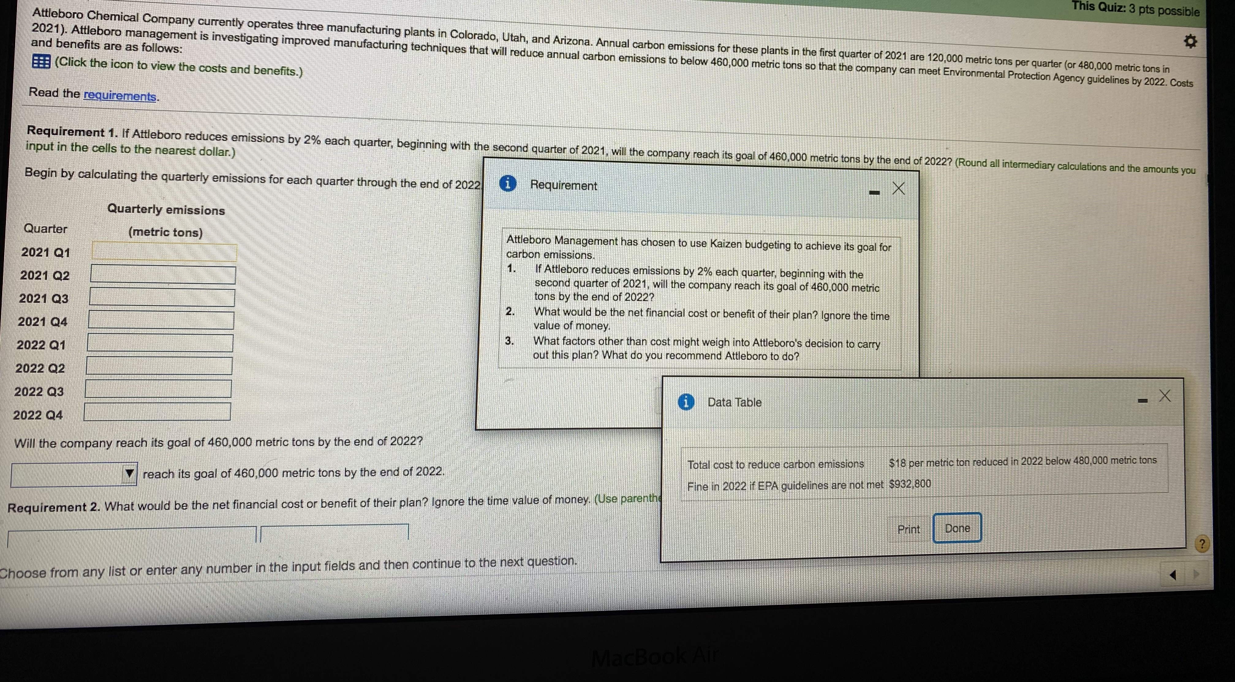  This Quiz: 3 pts possible Attleboro Chemical Company currently operates three