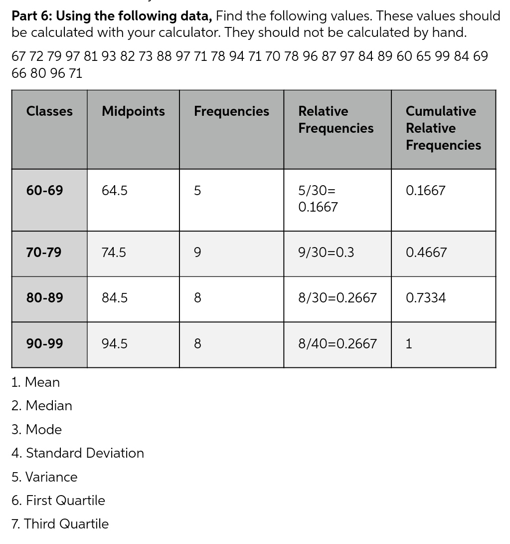  Part 6: Using the following data, Find the following values. These