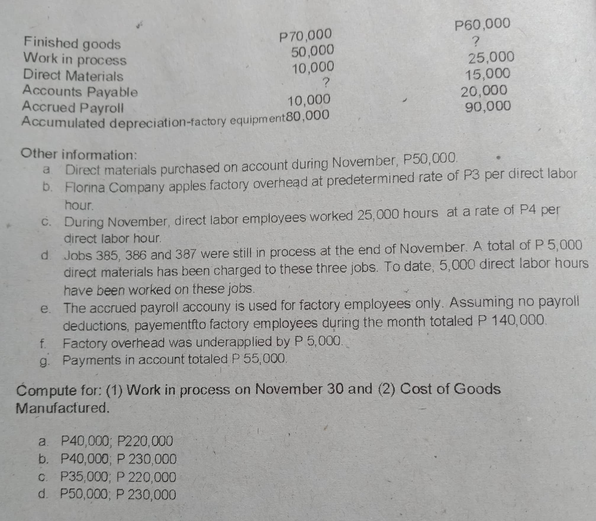 information: Sales P1,400,000 Sales returns and allowances F 2,000 Purchases 240,000 Factory