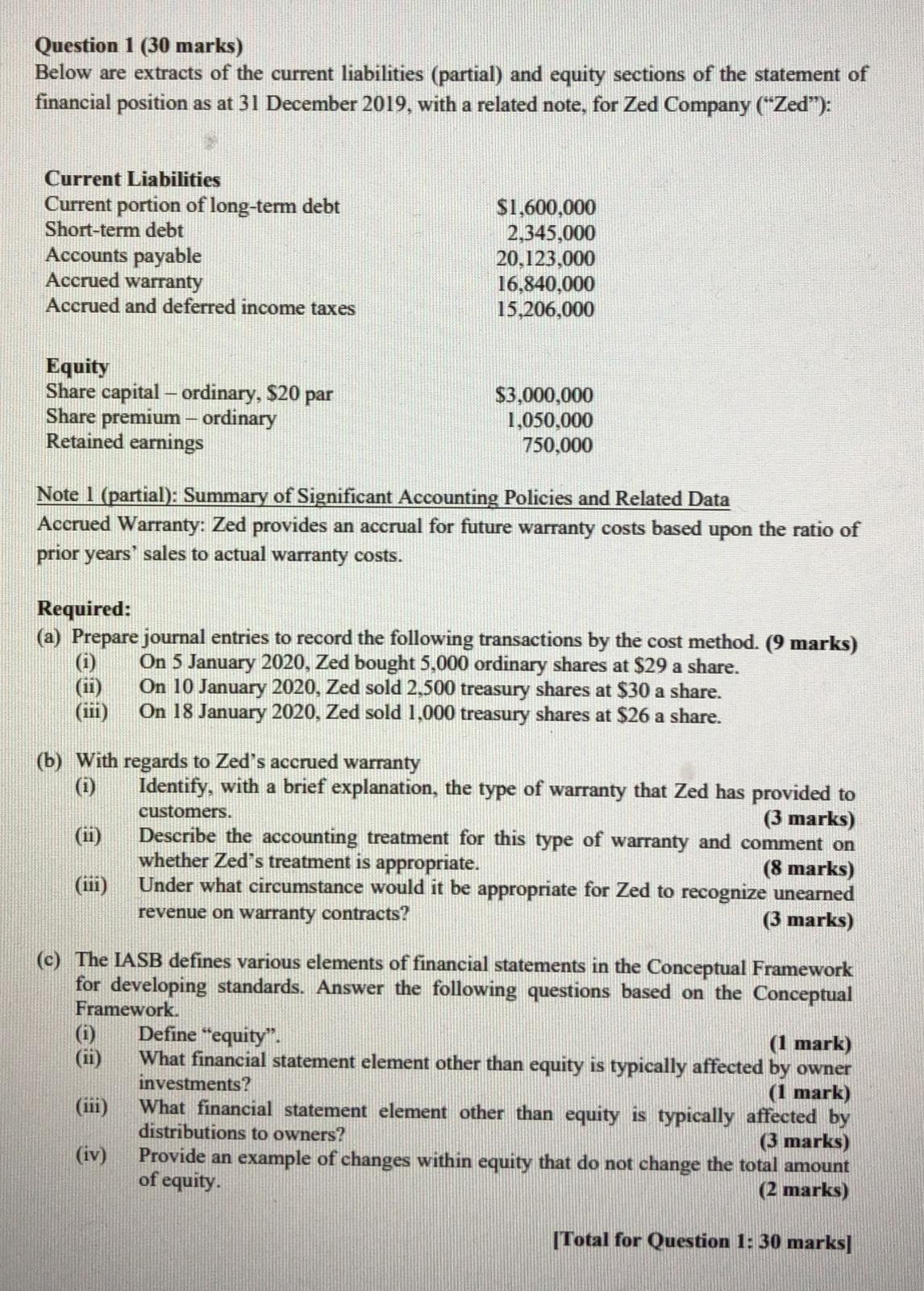 Intermediate Accounting Q1 Question 1 (30 marks) Below are extracts of the