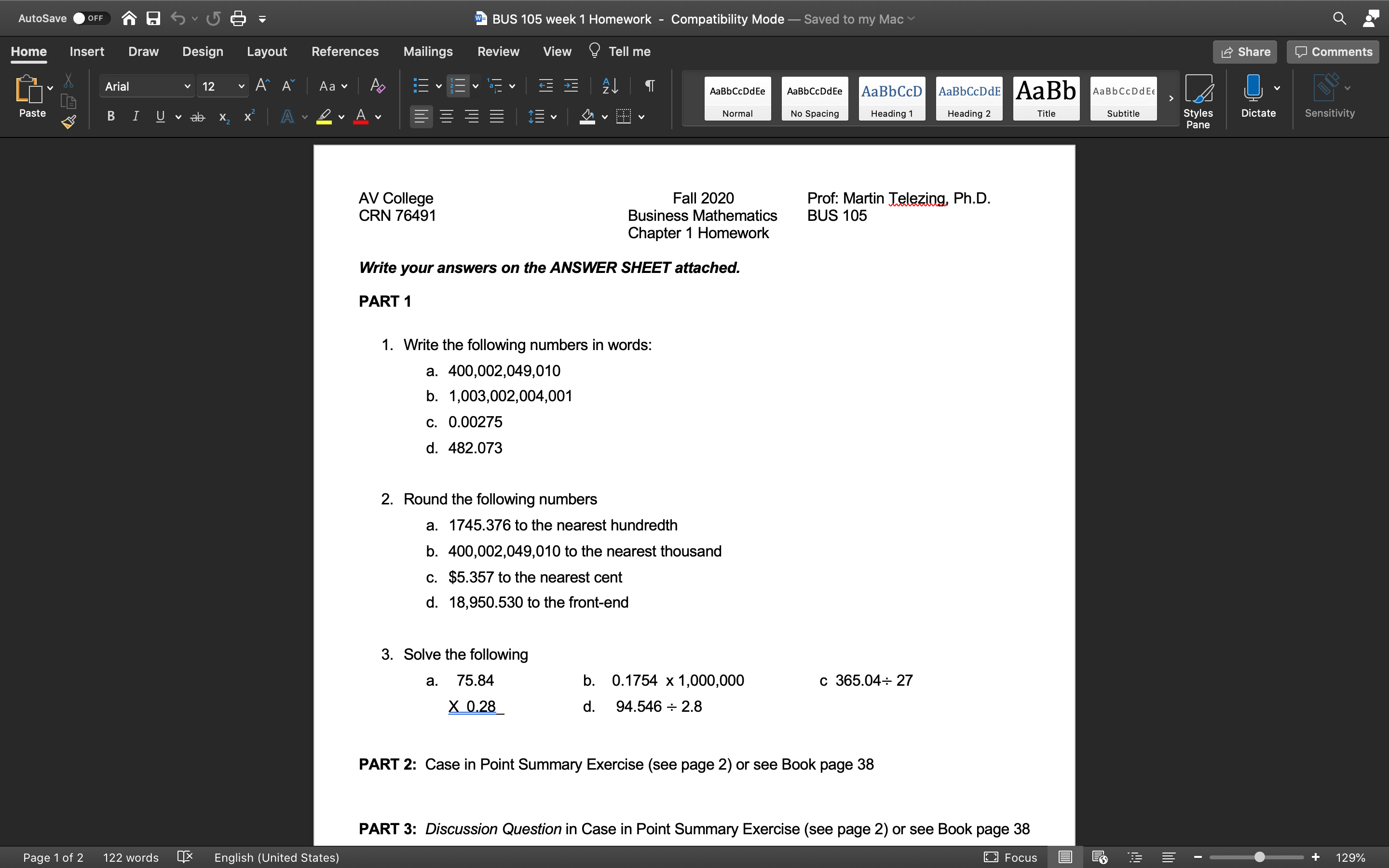 Please help solve below attachments part 1-4. AutoSave OFF w- BUS 105