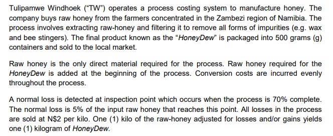 The following information relates to the process for the month ended 31