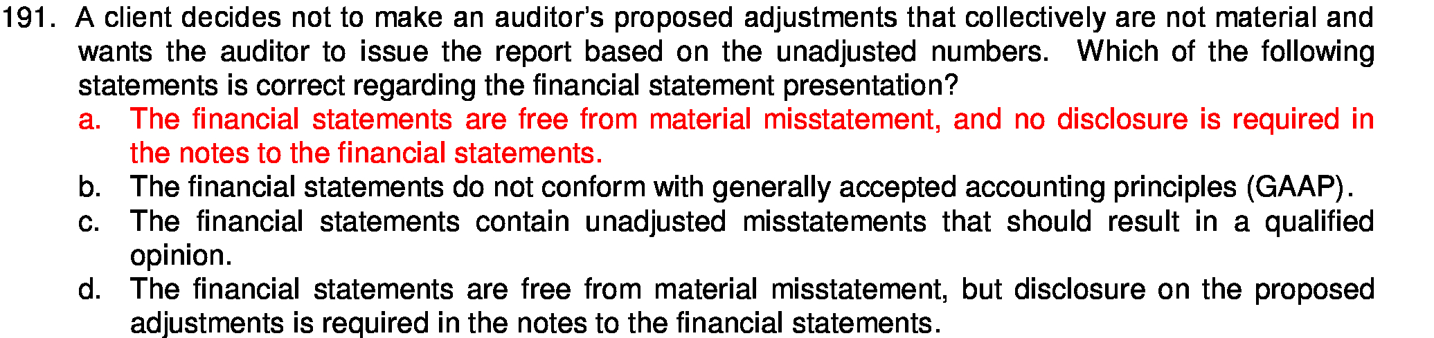  191. A client decides not to make an auditor's proposed adjustments