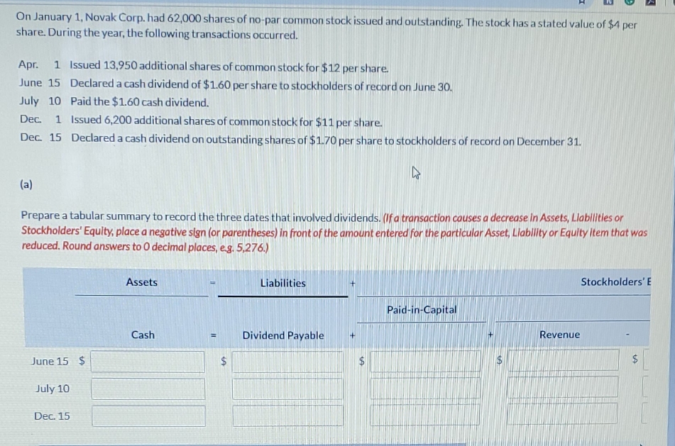 assets = liabilities +stockholder' equity. cash = dividend payable + paid-in capital+revenue-expense-dividend