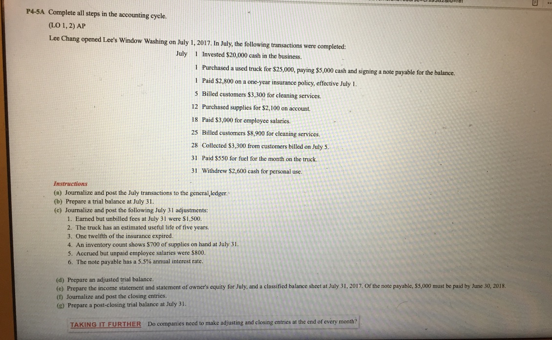 --------------------------- P4-5A Complete all steps in the accounting cycle. (LO 1, 2)