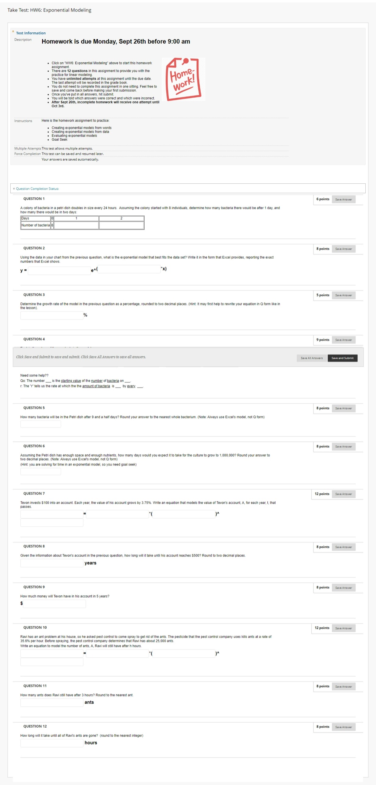  Take Test: HW6: Exponential Modeling Test Information Description Homework is due