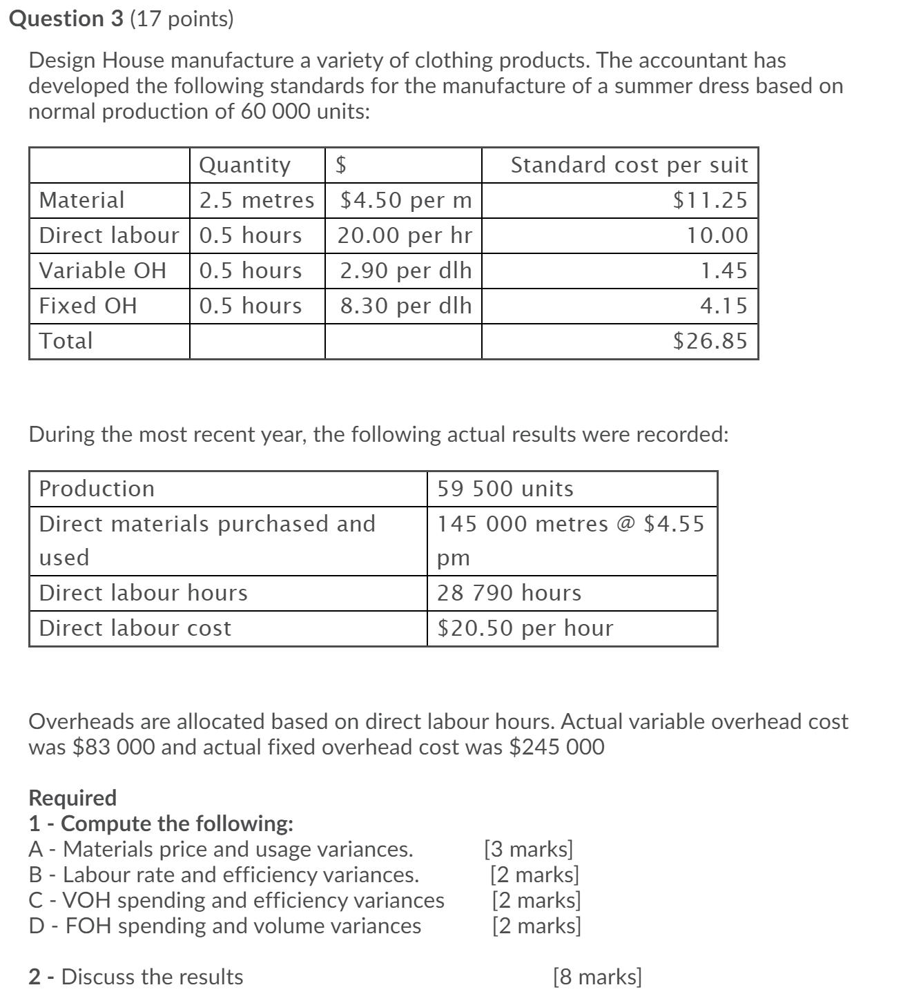 Please put the process Question 3 (17 points) Design House manufacture a
