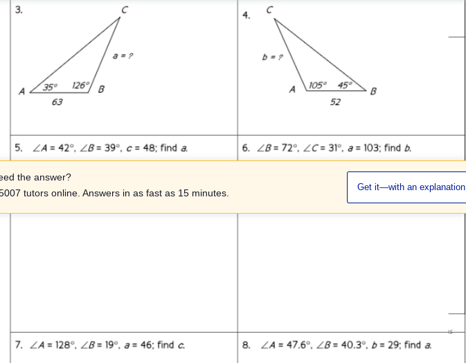 problems 3-8, solve each triangle for the indicated side. express your answer