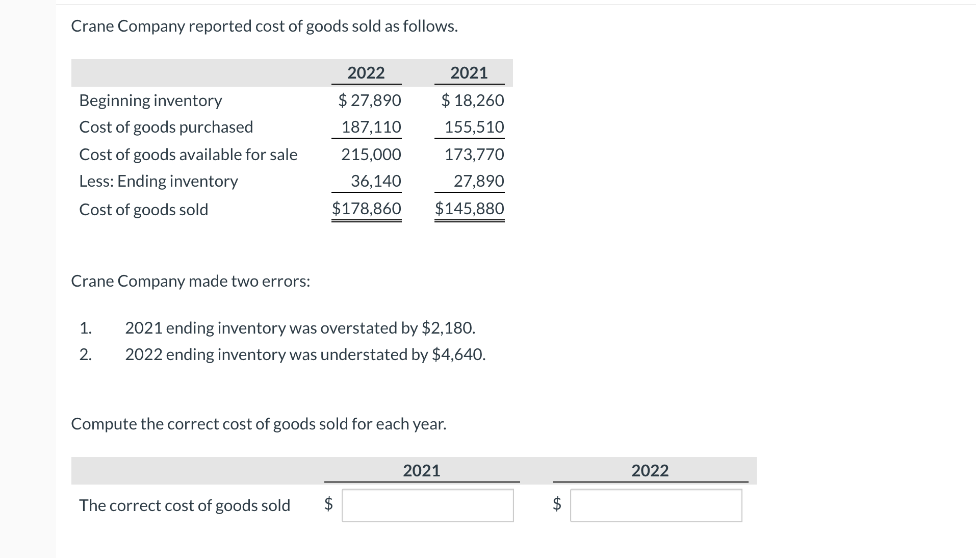 Please explain you reached your answer Crane Company reported cost of goods