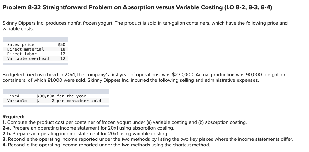  Problem 8-32 Straightforward Problem on Absorption versus Variable Costing (LO 8-2,