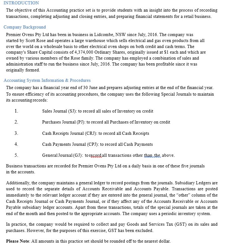 PREMIER OVENSPTY LTD - ACCOUNTING PRACTICE SET ( all questions and tables