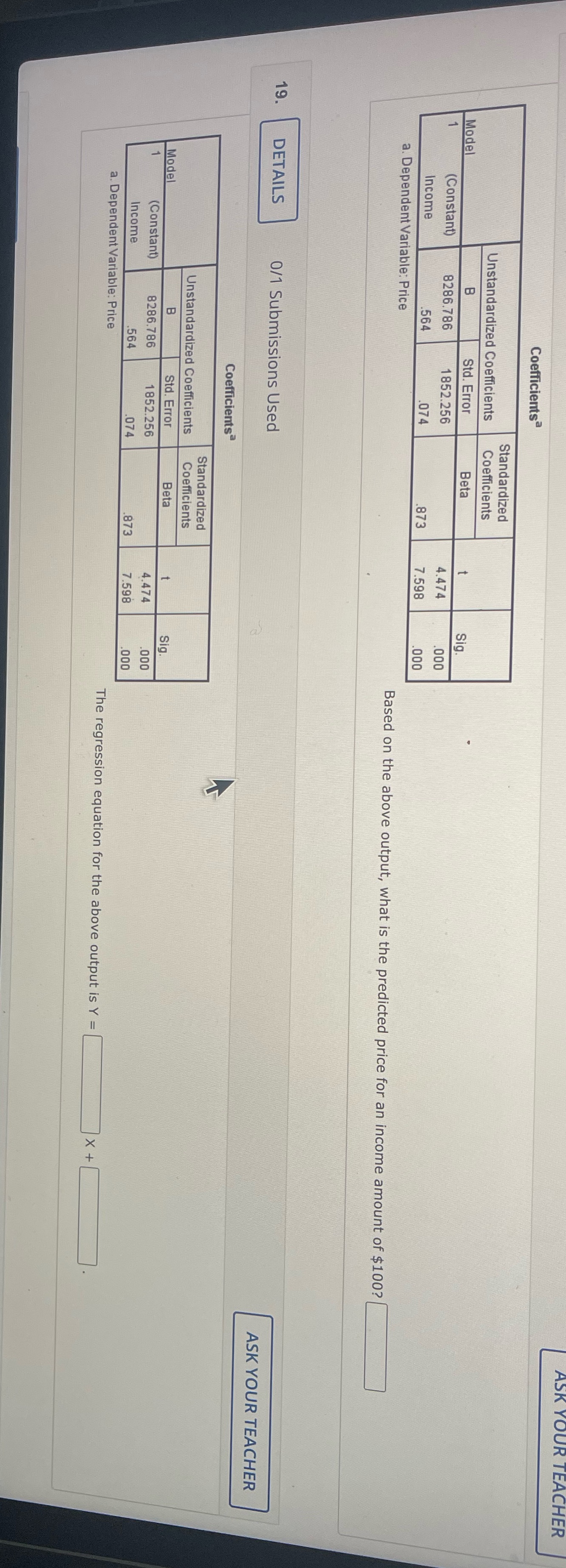  TEACHER Coefficients Standardized Unstandardized Coefficients Coefficients Model Std. Error Beta (Constant)