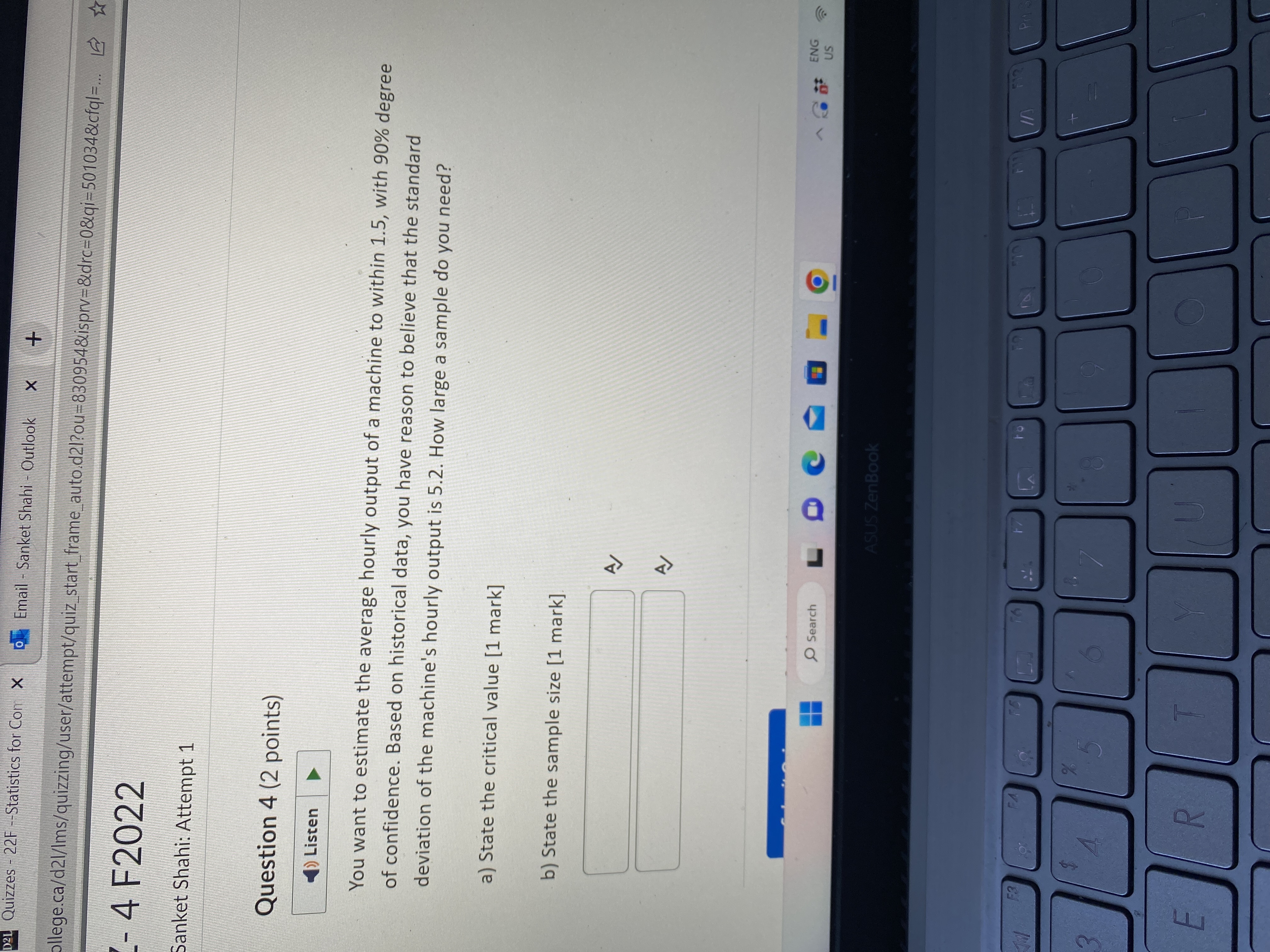 D2L Quizzes - 22F --Statistics for Com x oEmail - Sanket