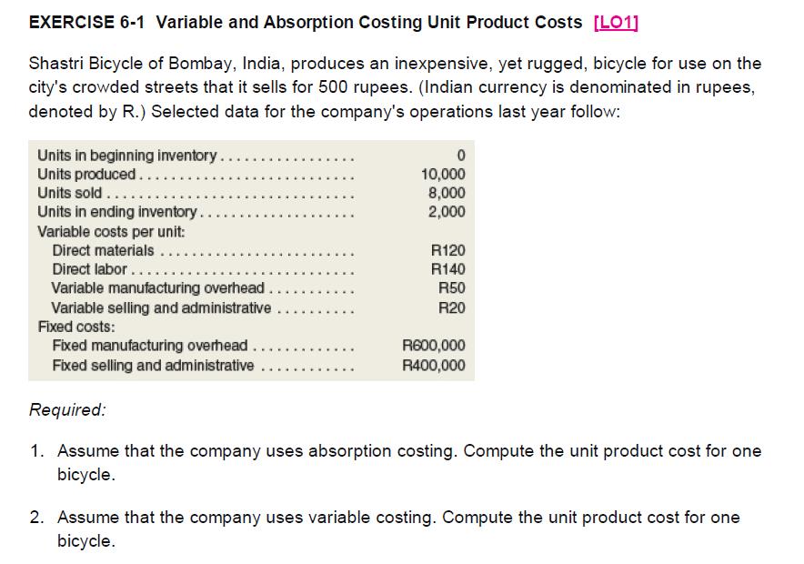 EXERCISE 6-1 Variable and Absorption Costing Unit Product Costs (L011Shastri Bicycle of