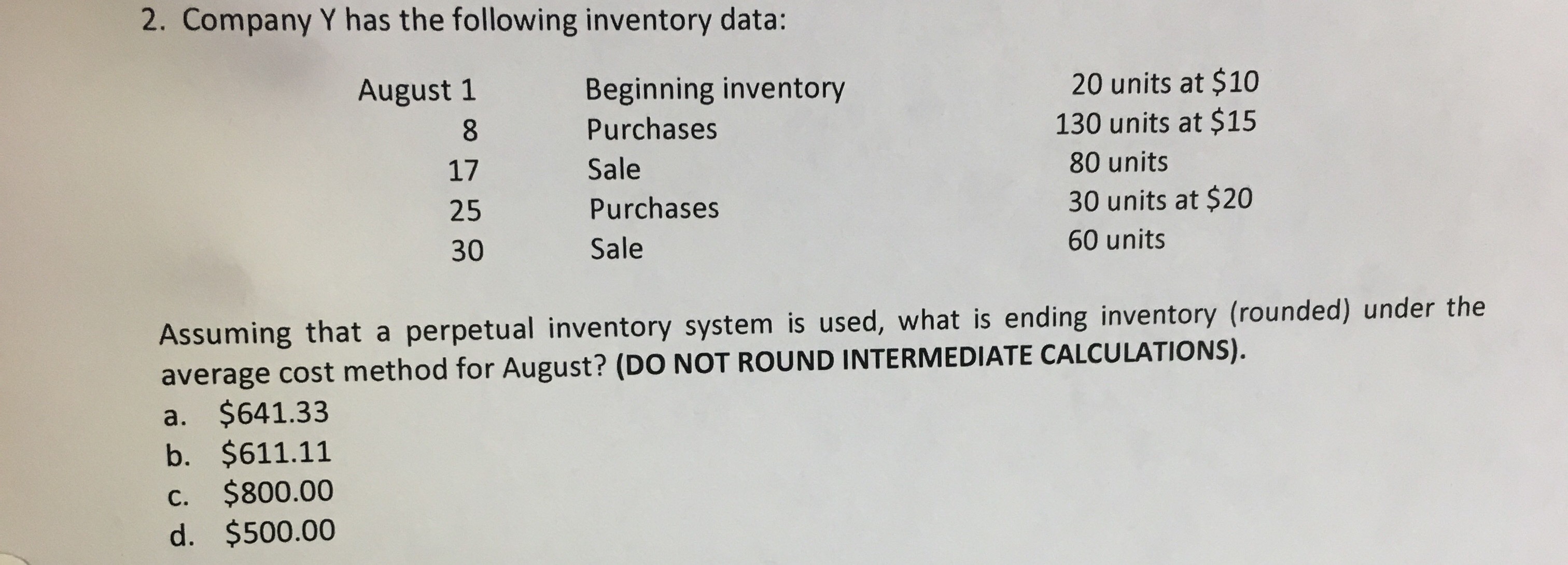 Perpetual inventory - average cost method provide details and step by step