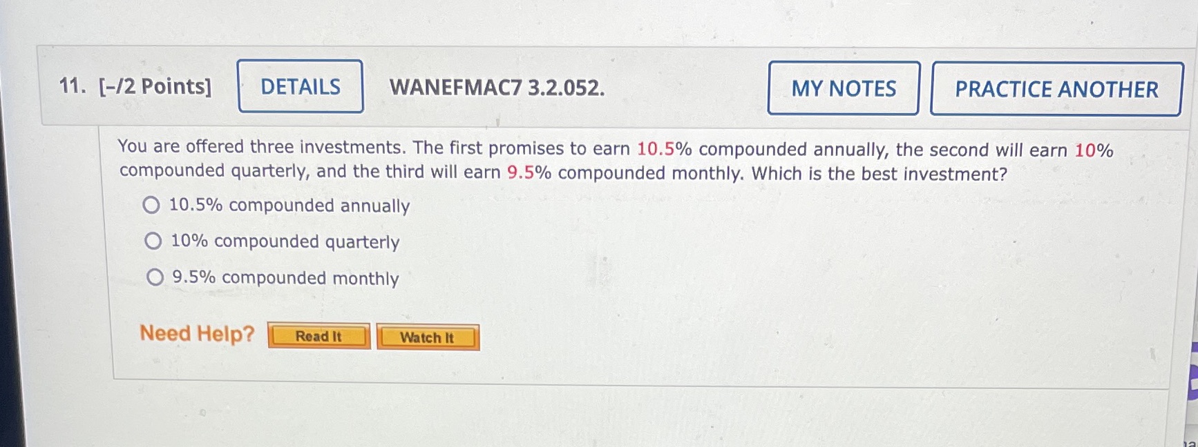  11. [-/2 Points] DETAILS WANEFMAC7 3.2.052. MY NOTES PRACTICE ANOTHER You