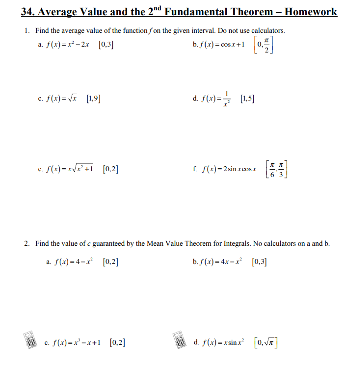 34. Average Value and the 2"d Fundamental Theorem - Homework 1.