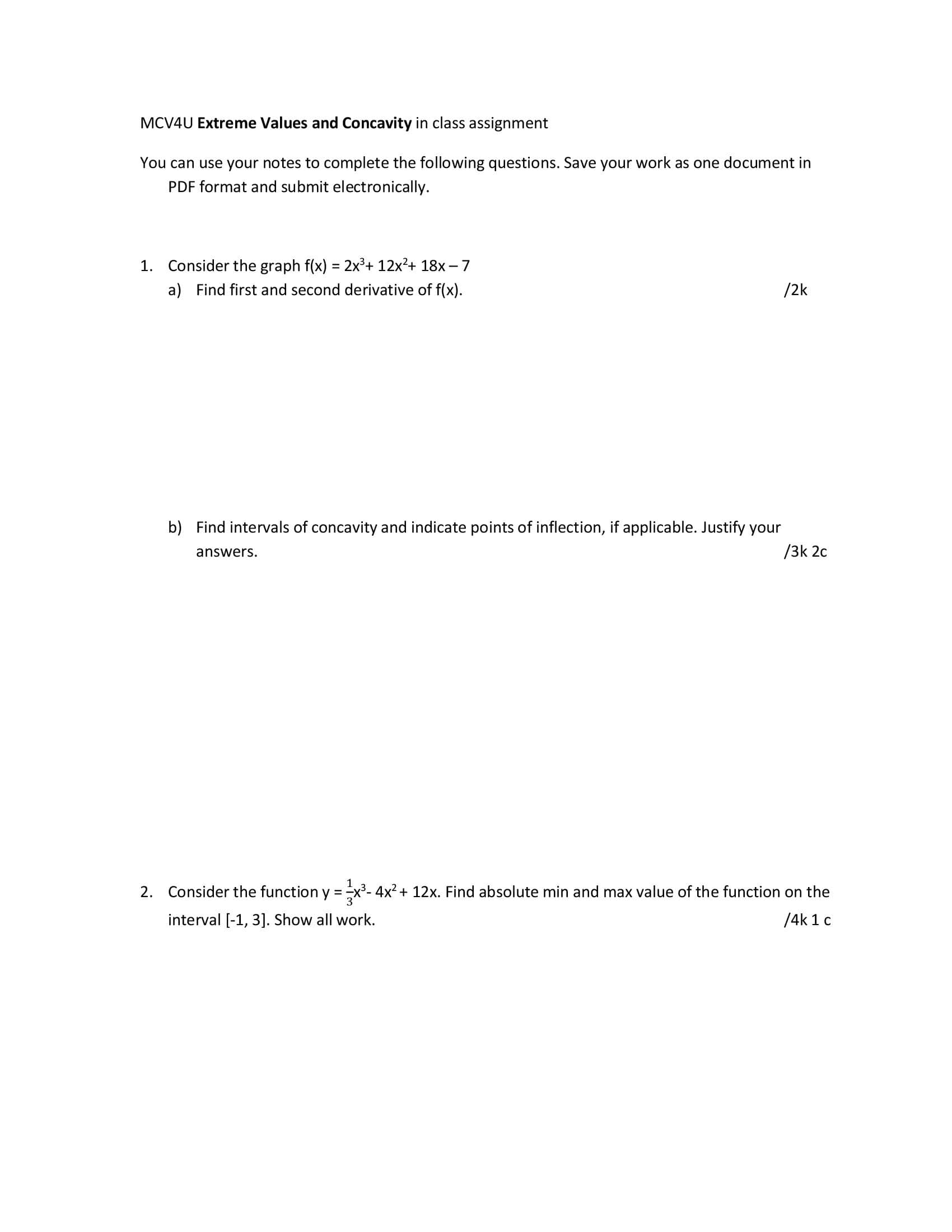  MCV4U Extreme Values and Concavity in class assignment You can use