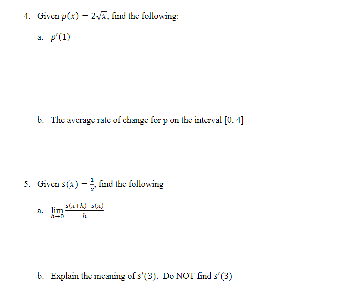 4 and 5 please 4. Given p(x) = 2vx, find the following: