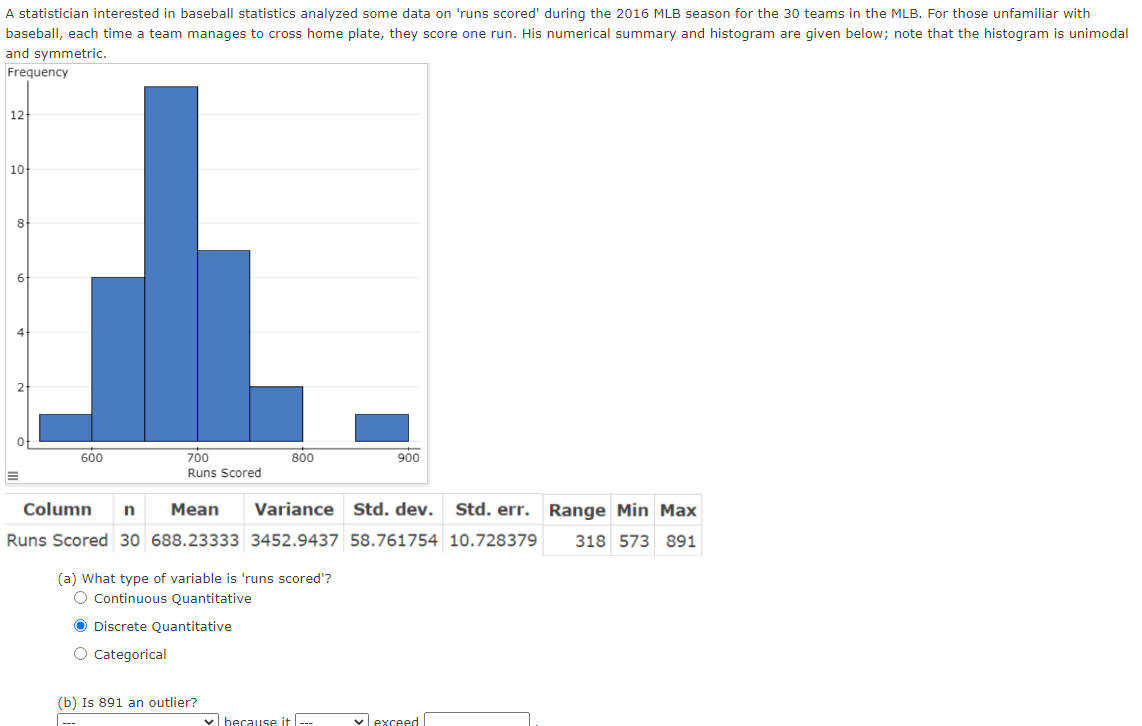  A statistician interested in baseball statistics analyzed some data on 'runs