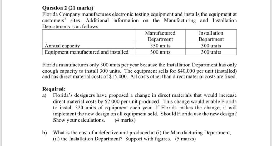 The question is in the picture. Question 2 (21 marks) Florida Company