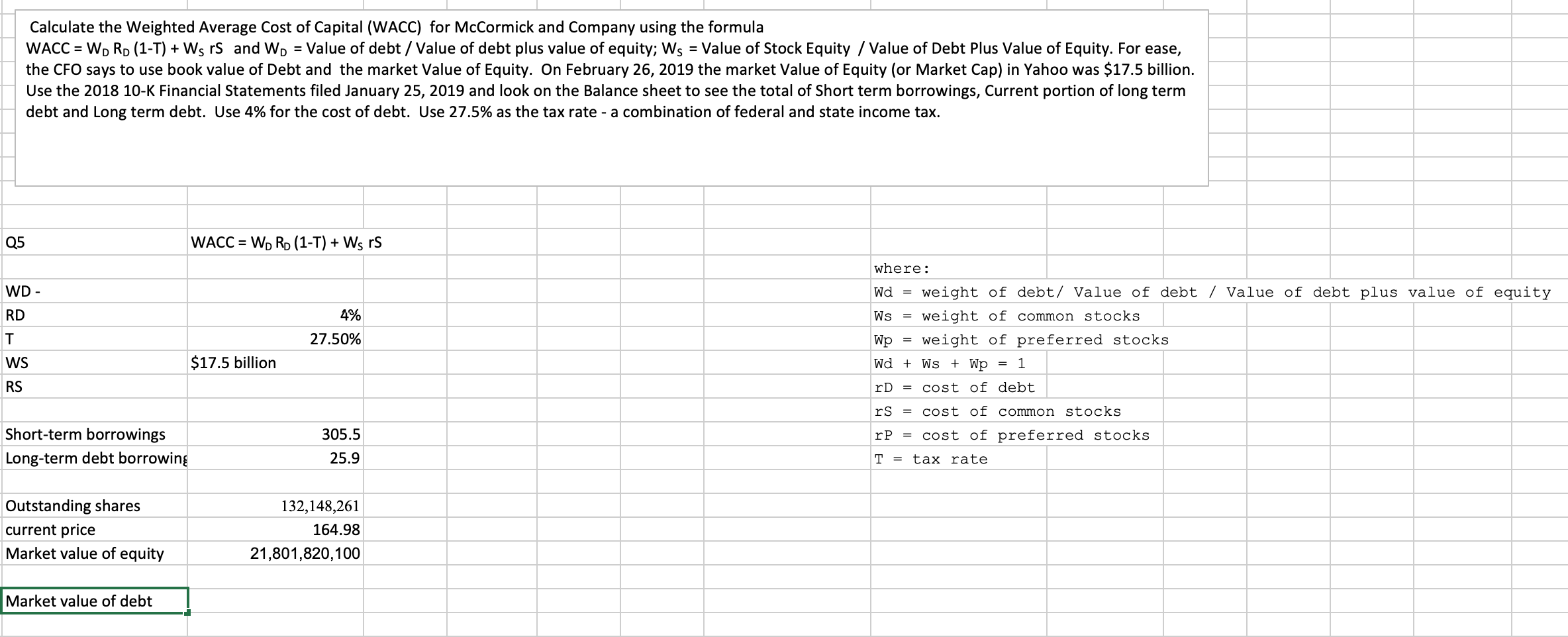 Help please! How do I calculate for the value of debt and