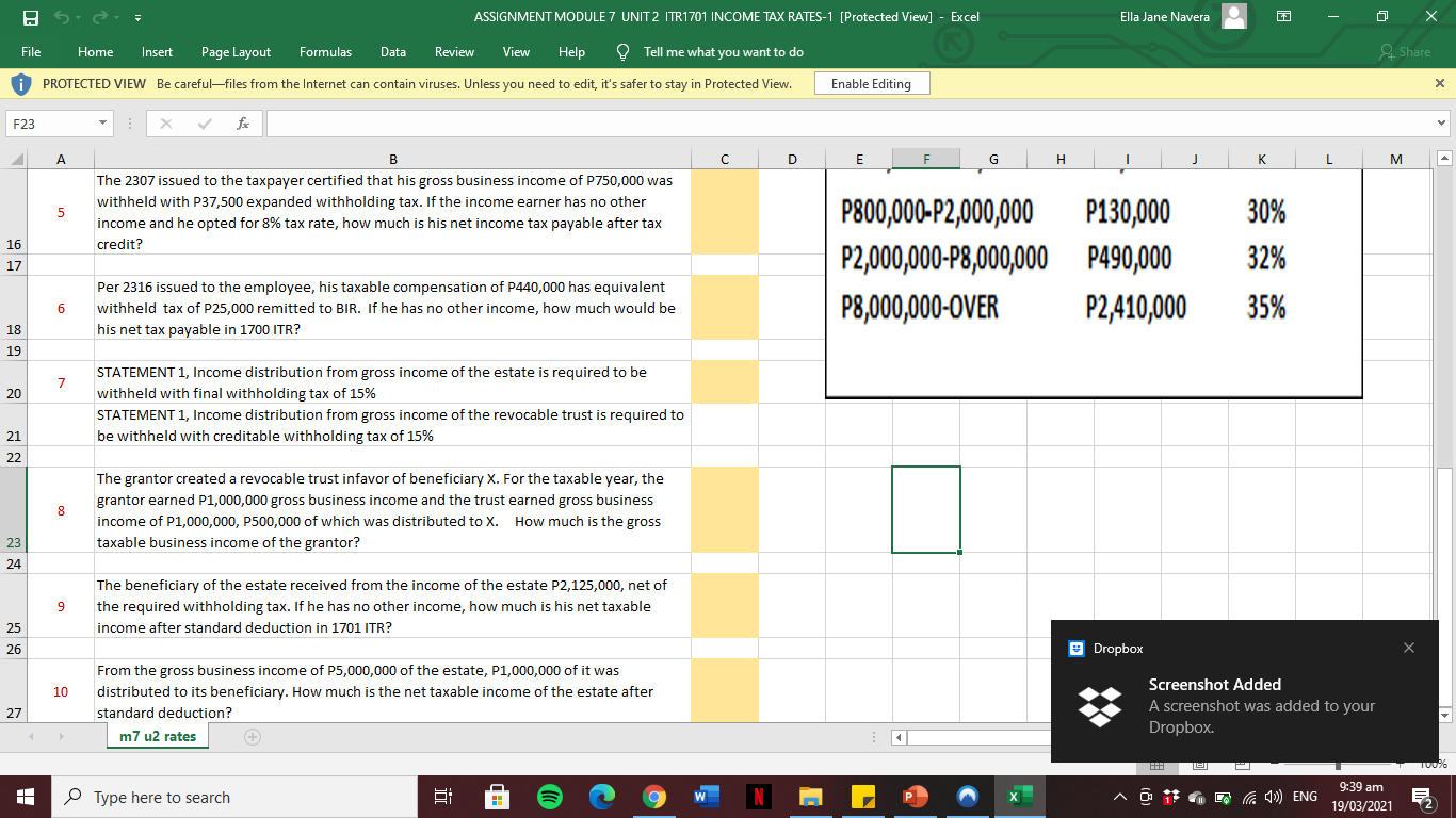 MODULE 7 UNIT 2 ITR1701 INCOME TAX RATES-1 [Protected View] - Excel