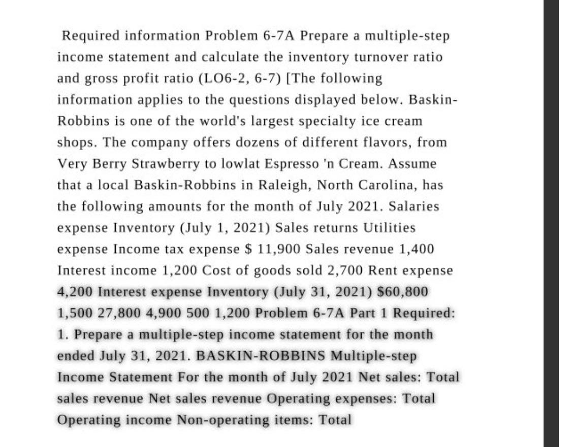 Please solve problem 6-7 a Required information Problem 6-7A Prepare a multiple-step