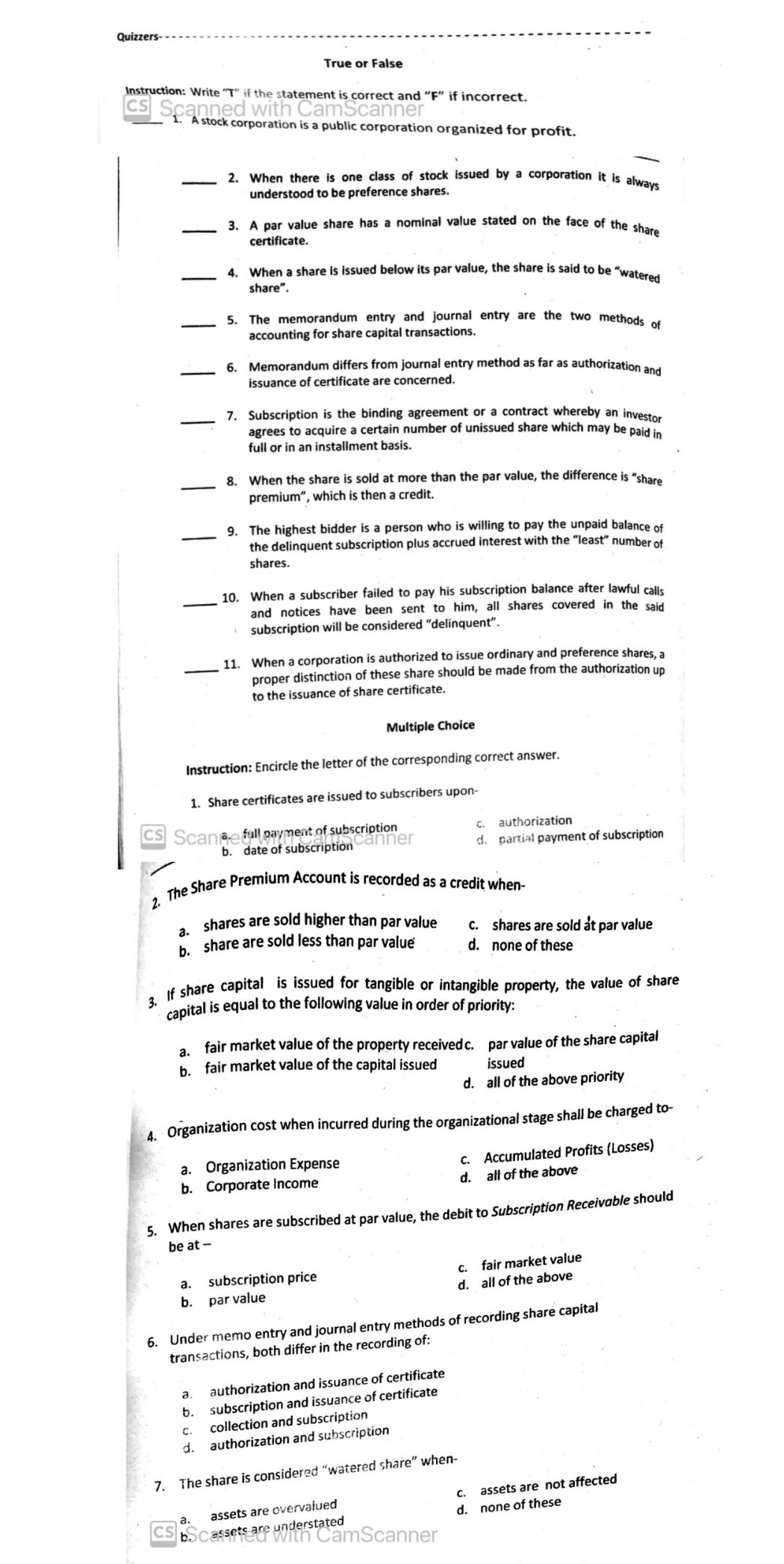  Quizzers- True or False Instruction: Write "T" if the statement is