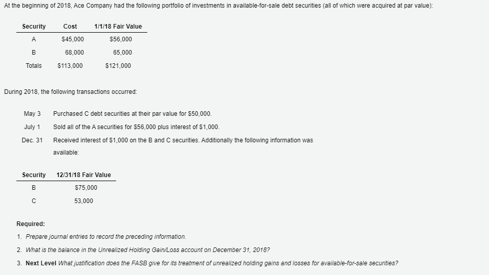 At the beginning of 2018, Ace Company had the following portfolio of