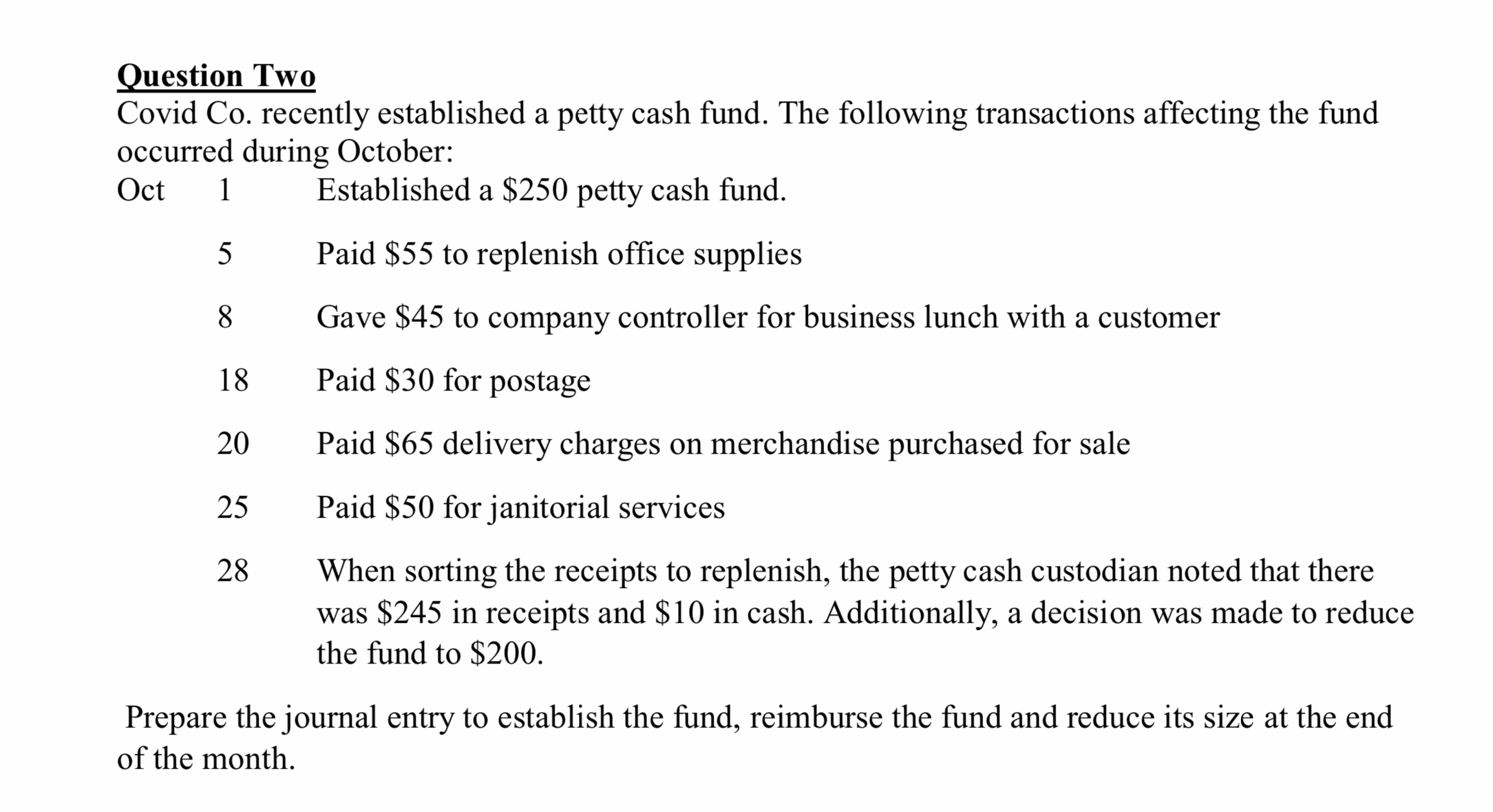 Can someone please help Question Two Covid Co. recently established a petty