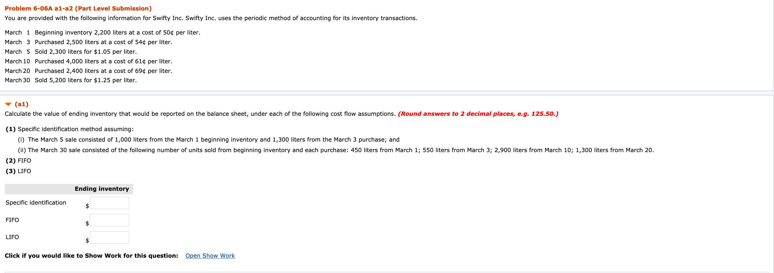 Need help solving for this. Problem 6-06A a1-a2 (Part Level Submission) You