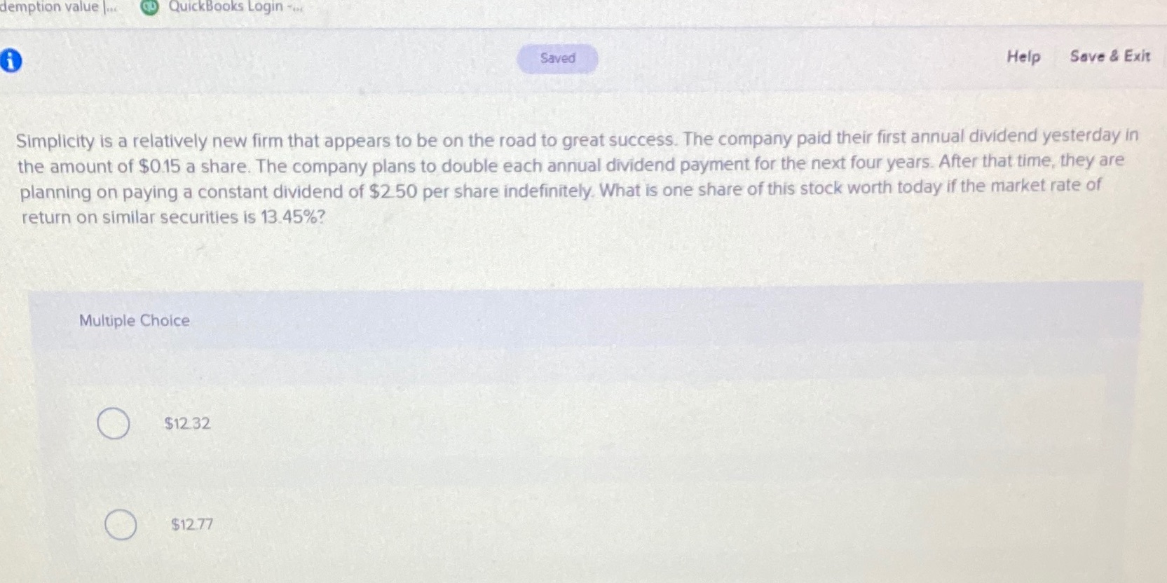 demption value .. QuickBooks Login .. Saved Help Save & Exit
