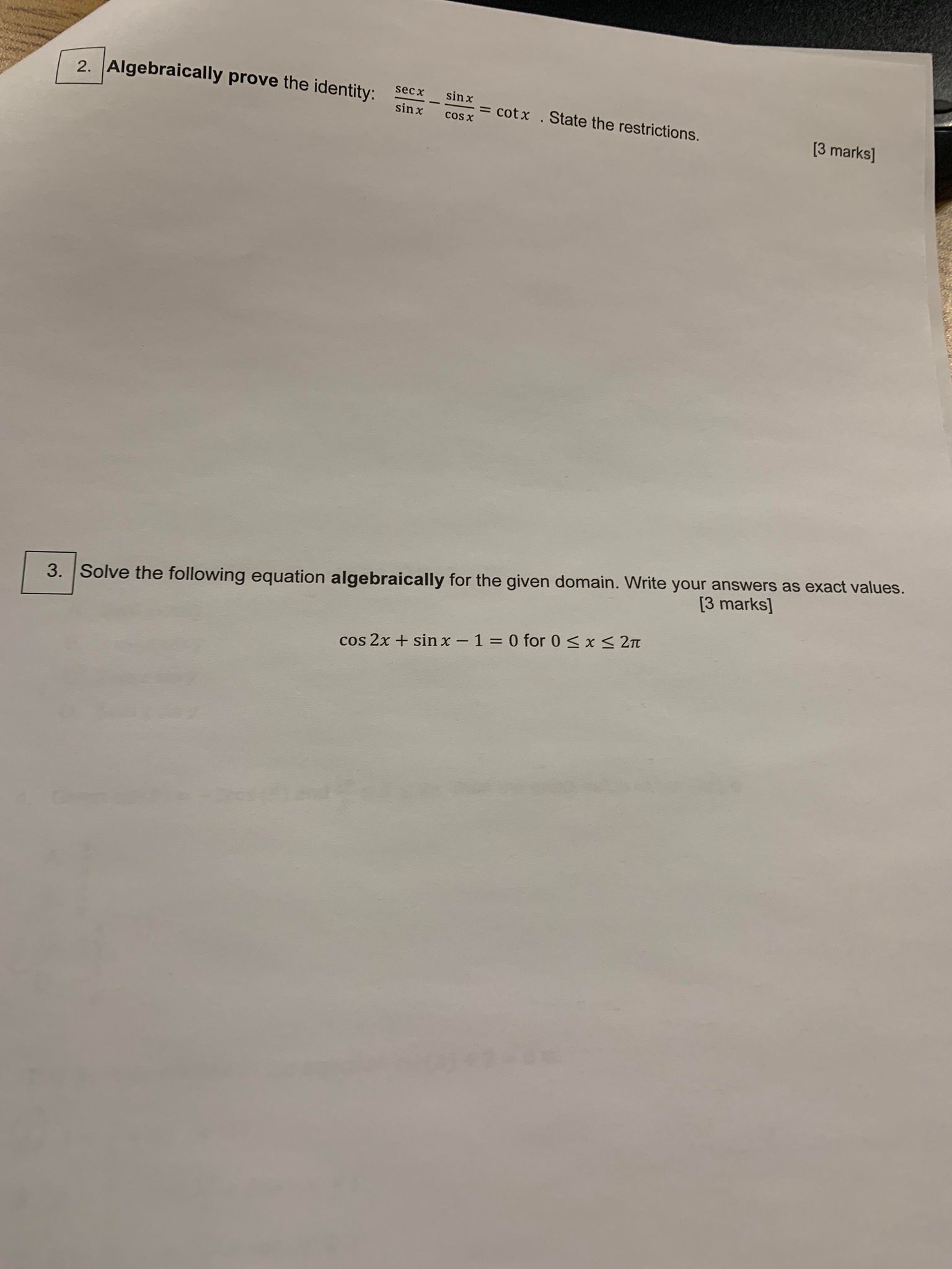 2. Algebraically prove the identity: secx sin x sin x cosx