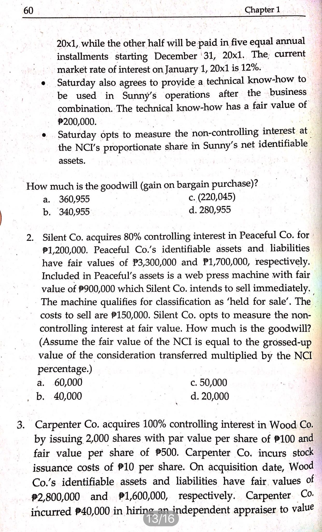 MULTIPLE CHOICE - COMPUTATIONAL 1.' On January 1, 20x1, Saturday Co. acquires