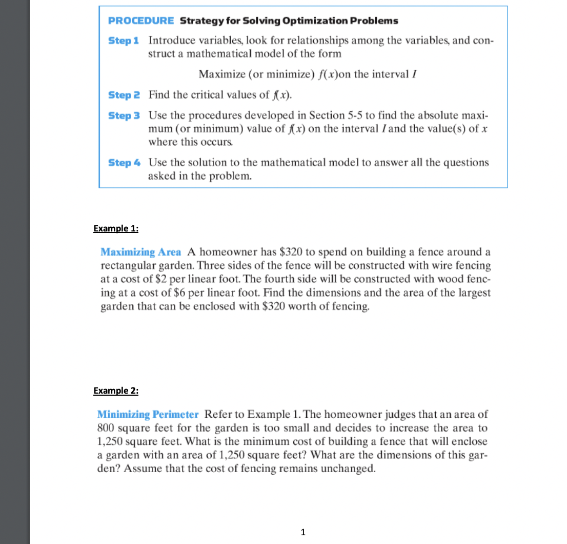 answer the following and explain PROCEDURE Strategy for Solving Optimization Problems Step