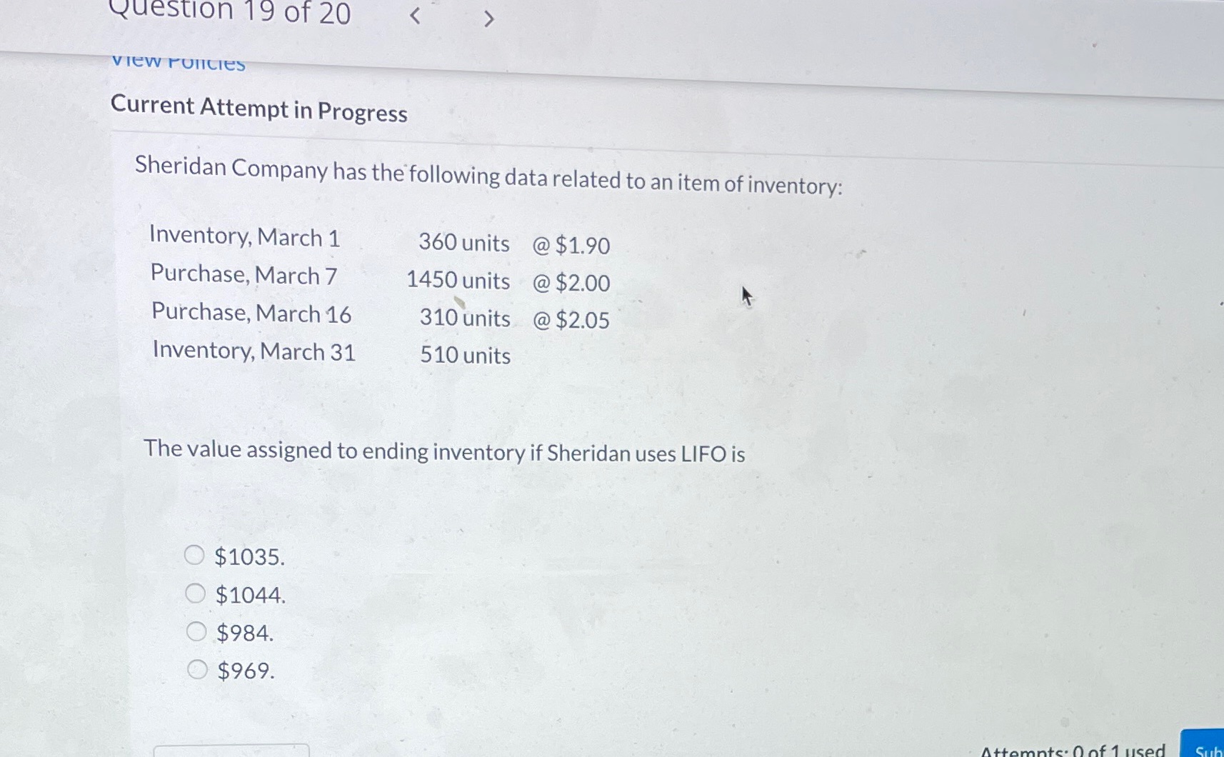 Ion tewrultues 0 20 Current Attempt in Progress Sheridan Company has the