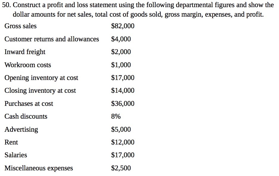  50. Construct a profit and loss statement using the following departmental