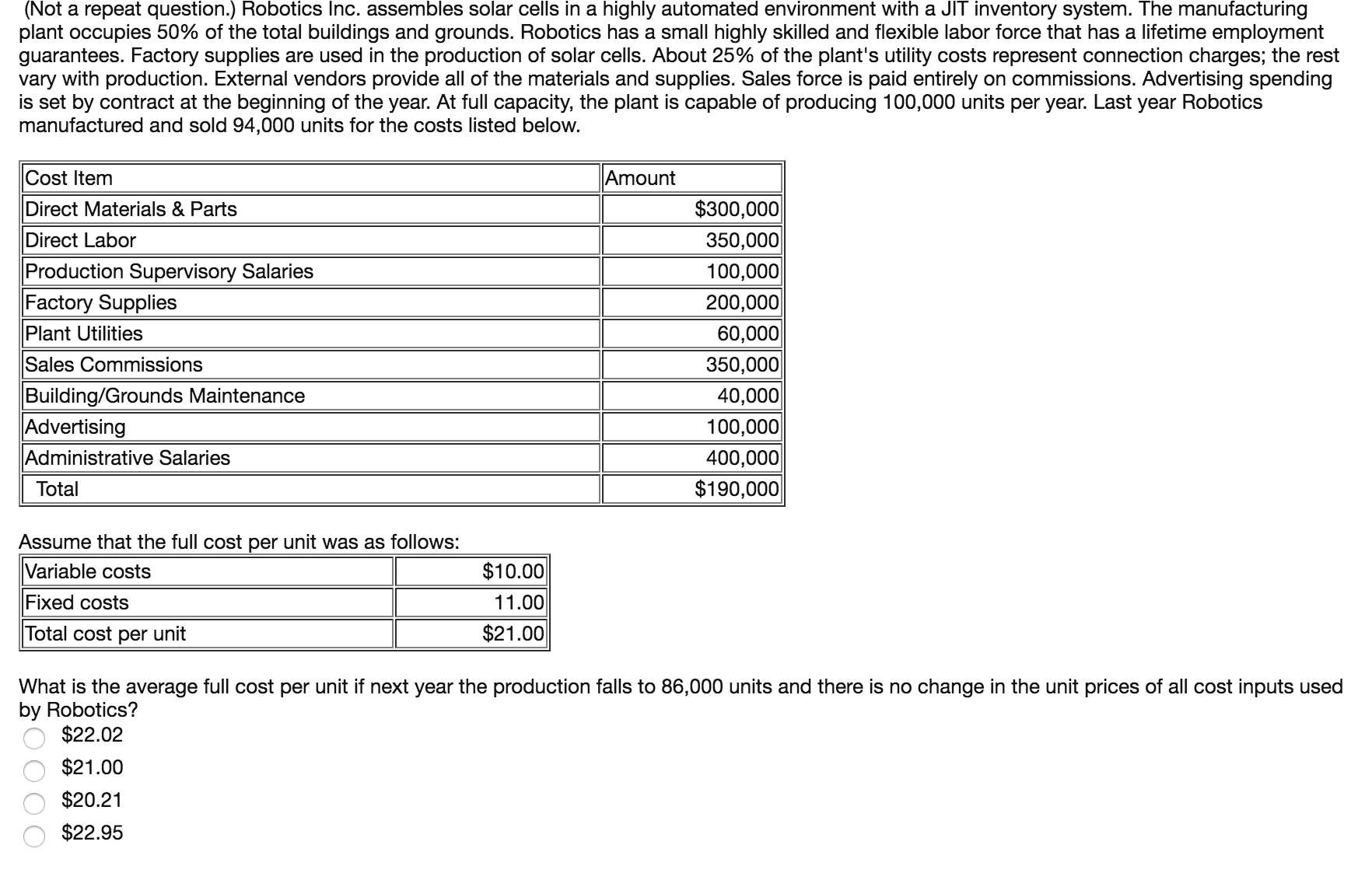  (Not a repeat question.) Robotics Inc. assembles solar cells in a