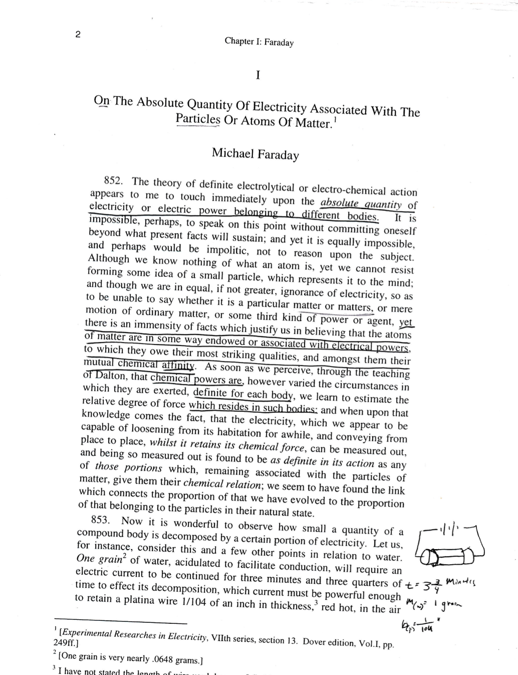 Using Chapter 1: Faraday titled "On the Absolute Quantity of Electricity Associated