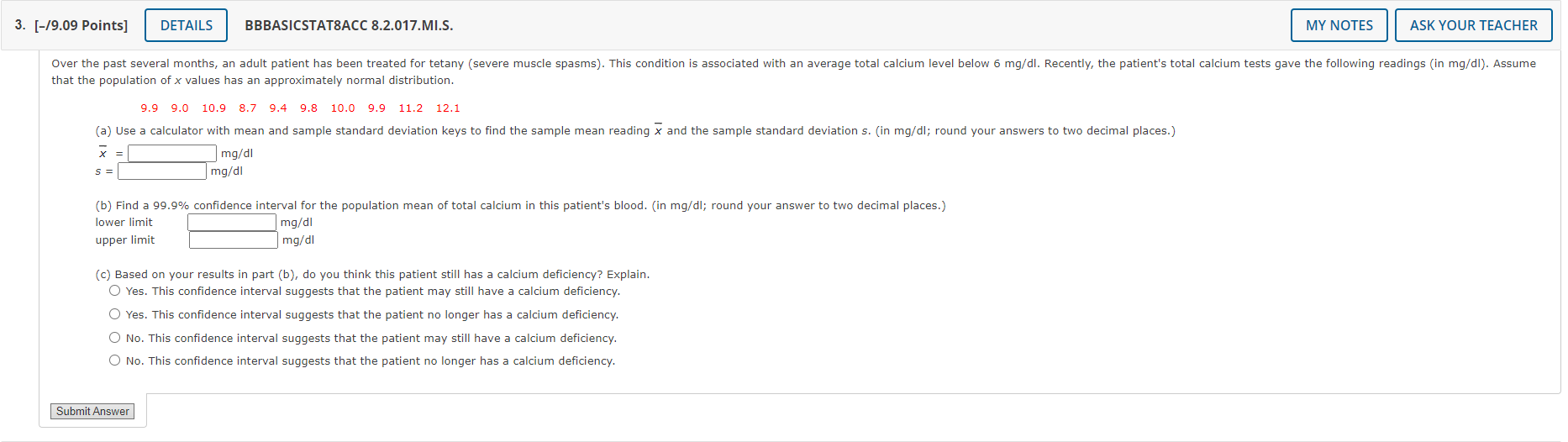 3. [-19.09 Points] DETAILS BBBASlCSTAT8ACC 8.2.017. MI.S. MY NOTES ASK YOUR TEACHER