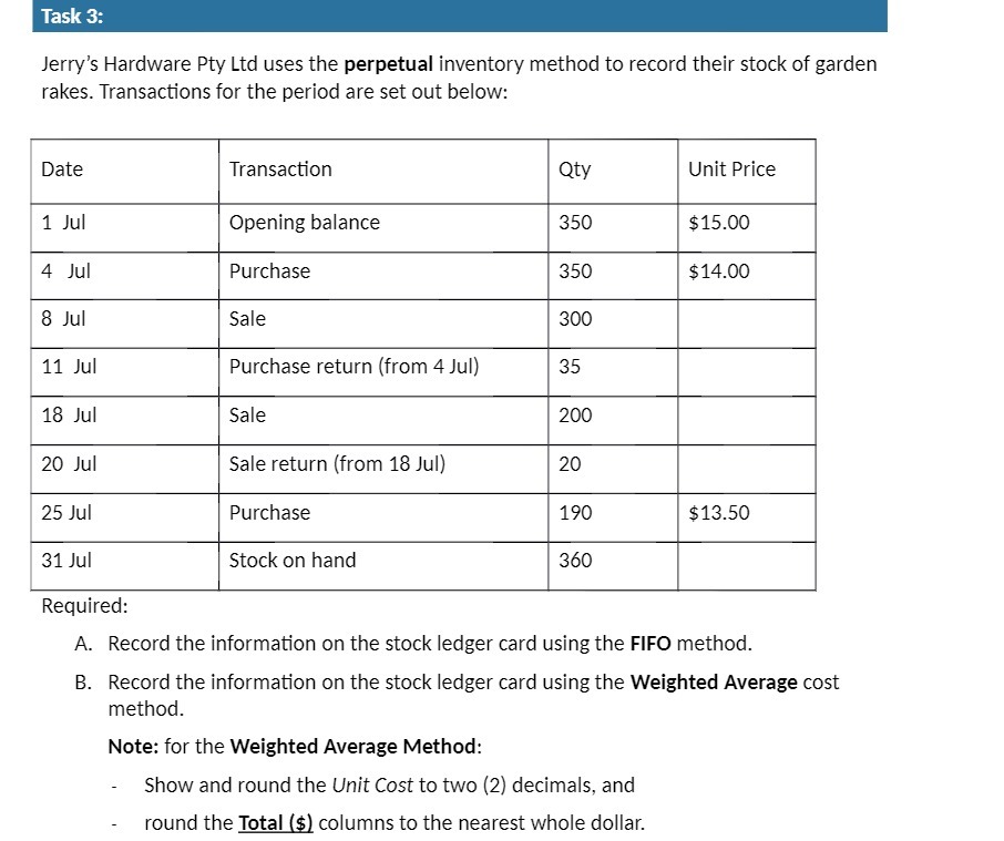  Task 3: Jerry's Hardware Pty Ltd uses the perpetual inventoryr method