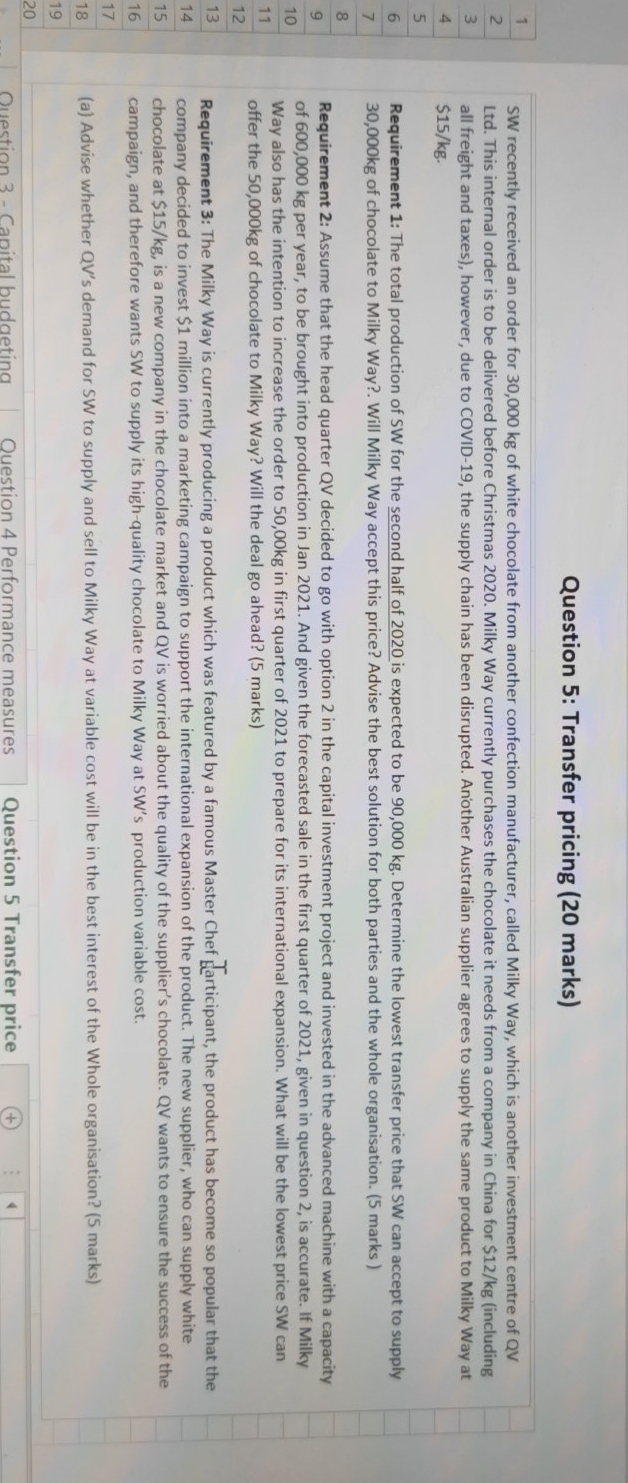 management accounting Question 5: Transfer pricing (20 marks) N m SW recently