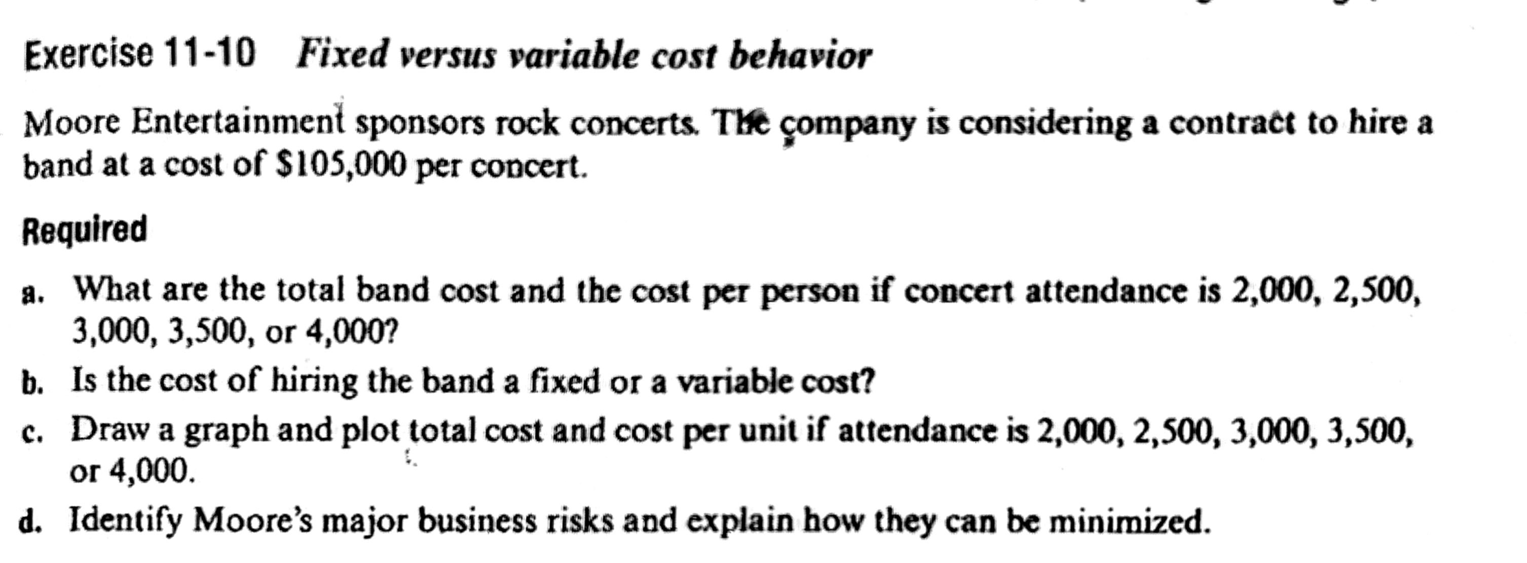  Exercise 11-10 Fixed versus variable cost behavior Moore Entertainment sponsors rock