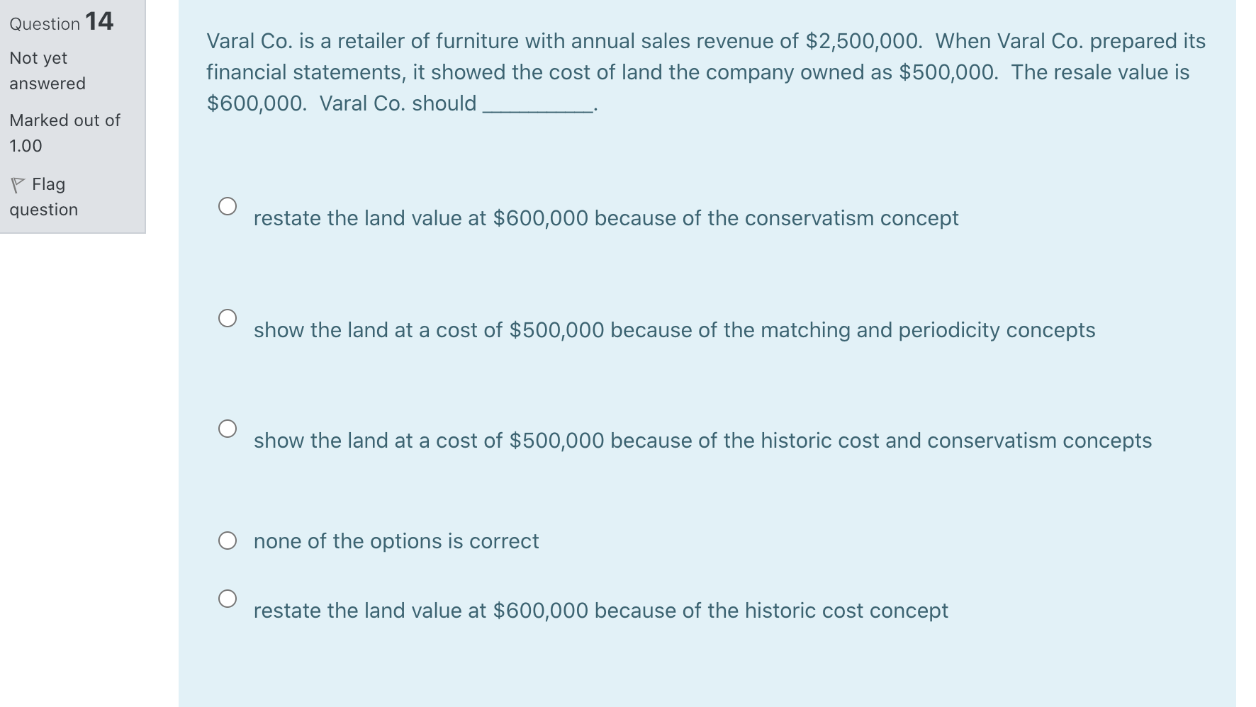 PLEASe answer this multiple choice question Question 14 Not yet Varal Co.