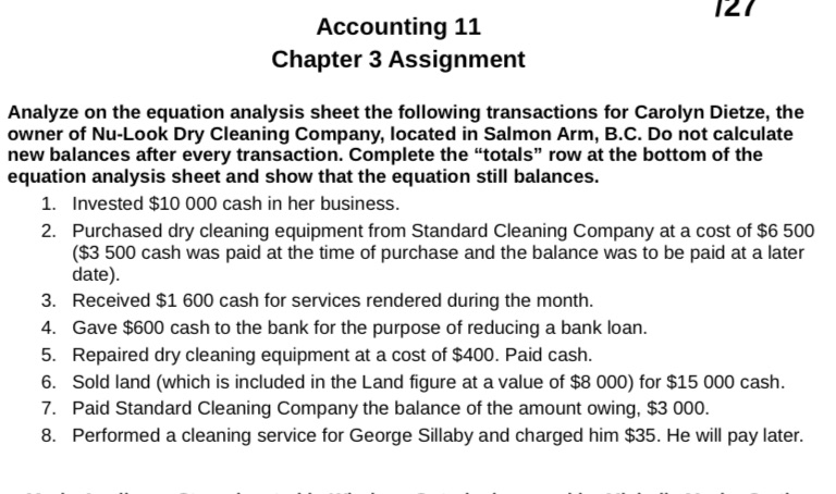 Accounting 11 121 Chapter 3 Assignment Analyze on the equation analysis